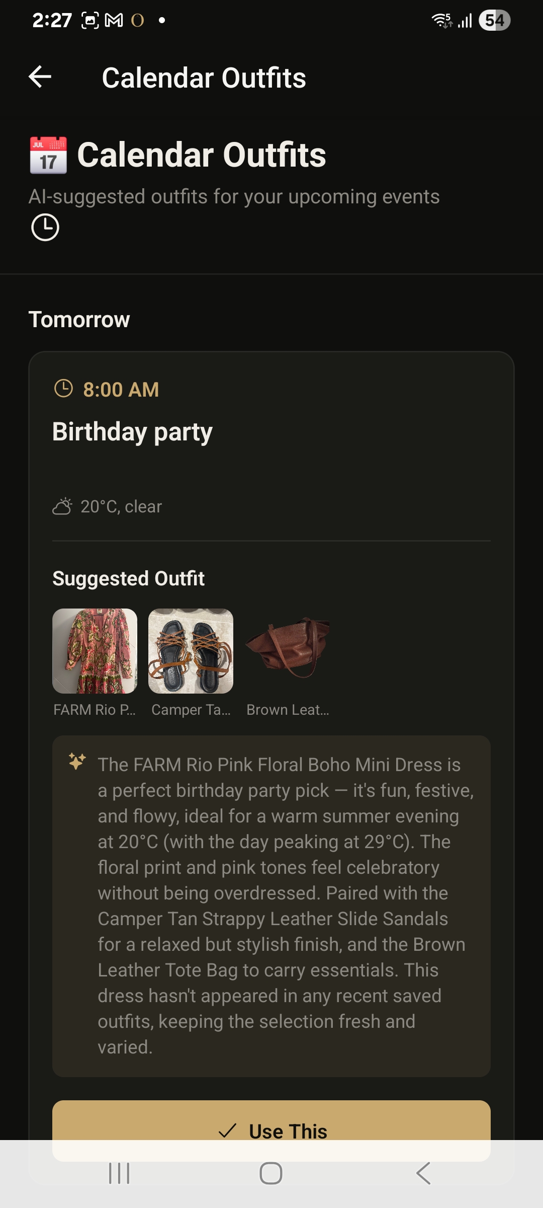 Ovylo calendar outfits screen suggesting an outfit for a birthday party