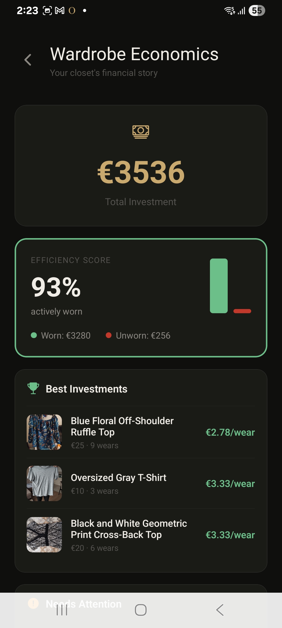 Ovylo wardrobe economics screen showing total investment and efficiency score